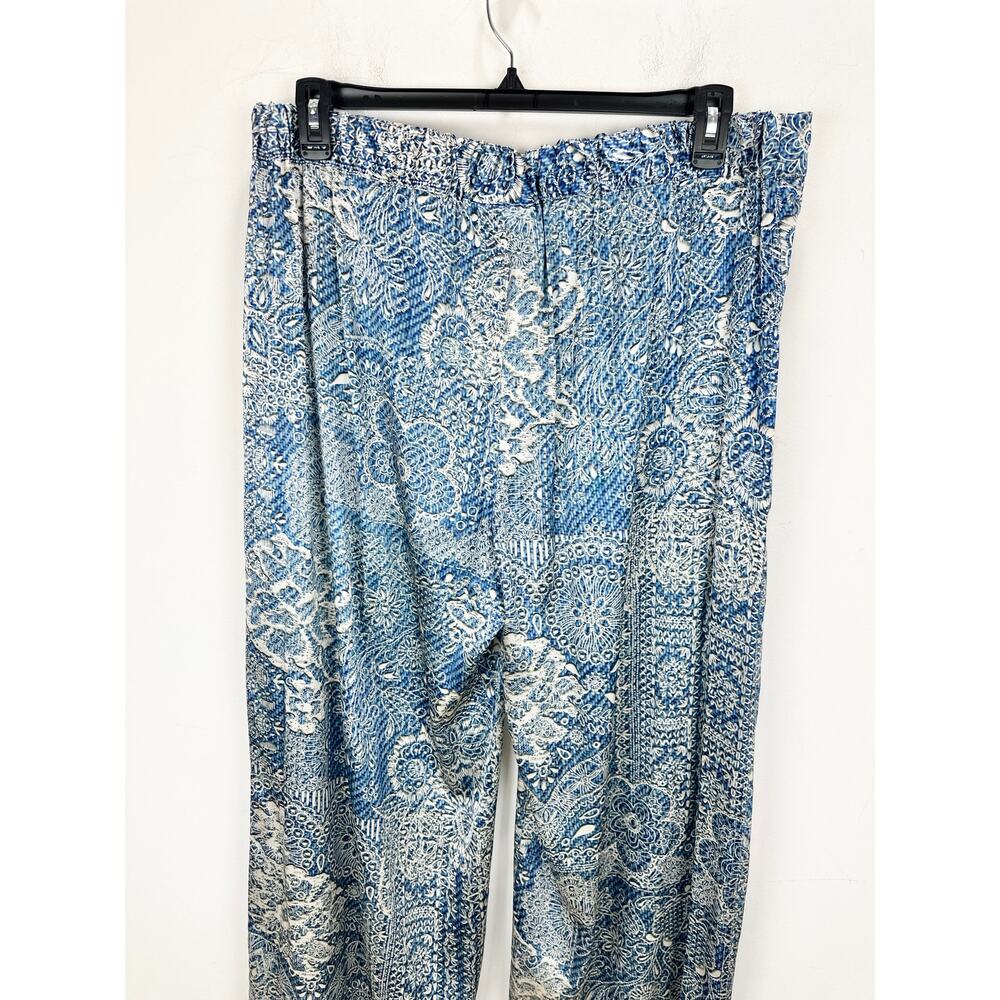 Johnny Was Lauchlen Wide Leg Silk Pants Denim Printed Satin Resort Blue XL NWT - Picture 10 of 12